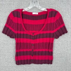 Y2K Stony Short Sleeve Button Up Cardigan Sweater Womens XS Red Purple Striped